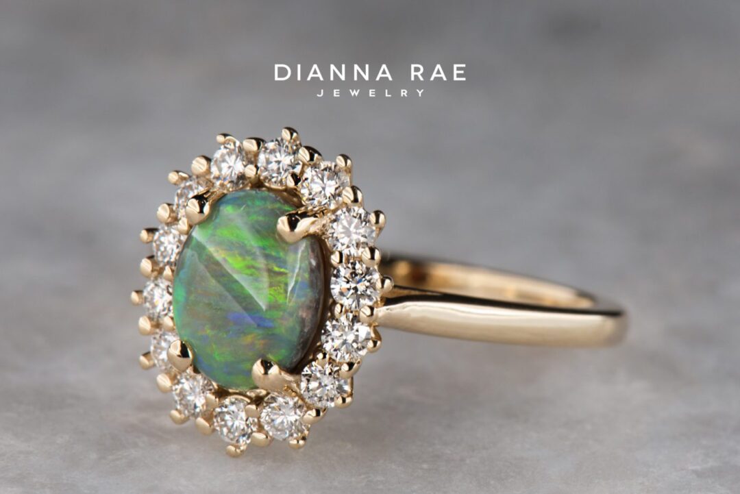 Yellow Gold Oval Opal Cluster Halo Ring with Diamond Accents