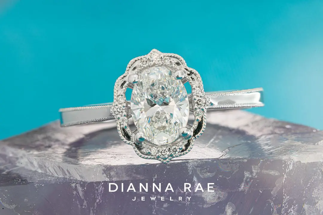 Daisy Blossom – White Gold Oval Engagement Ring with Milgrain Detail