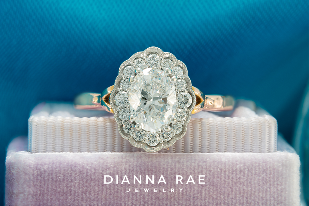 Magnolia – Rose Gold and White Gold Oval Scalloped Halo Engagement Ring