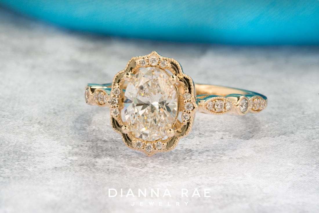Daisy Blossom Petal - Yellow Gold Oval Halo Engagement Ring