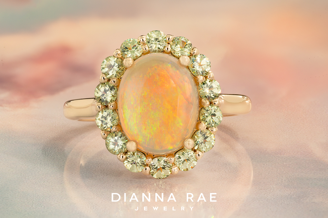 Australian Opal Ring with Demantoid Garnet Halo