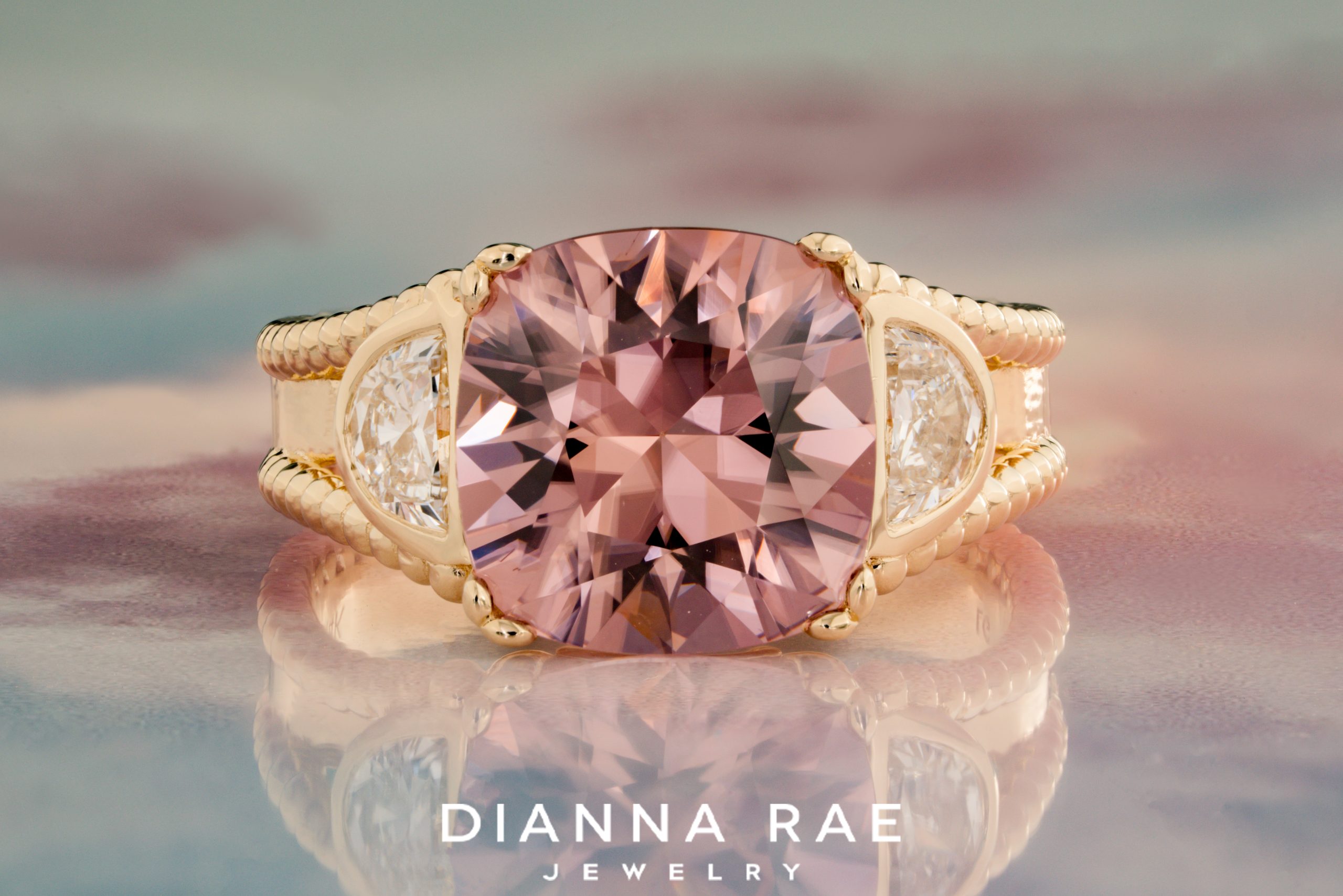 Rose Zircon Ring with Diamond Side Stones