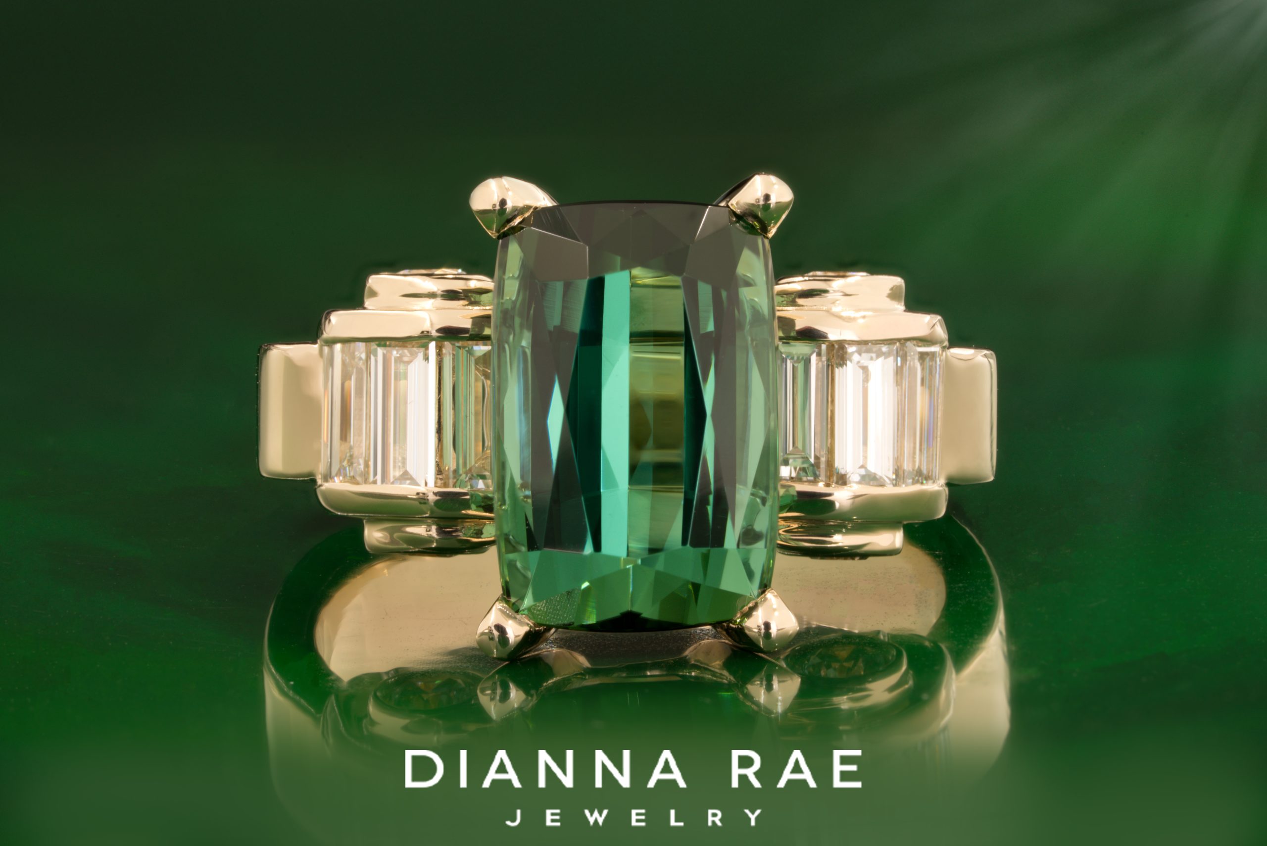 Green Tourmaline Ring with Baguette Diamond Accents