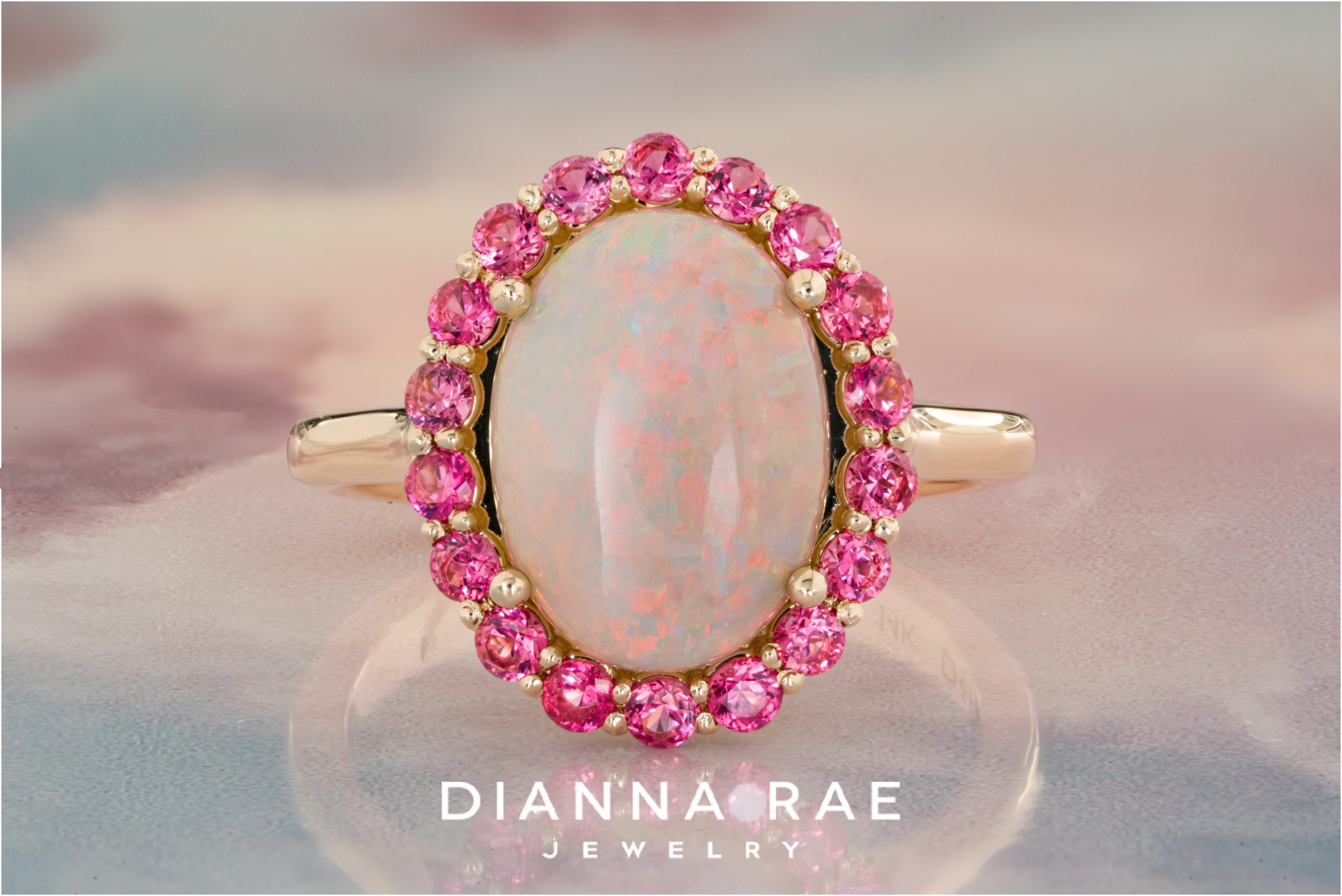Australian Opal Ring with Pink Spinel Accents