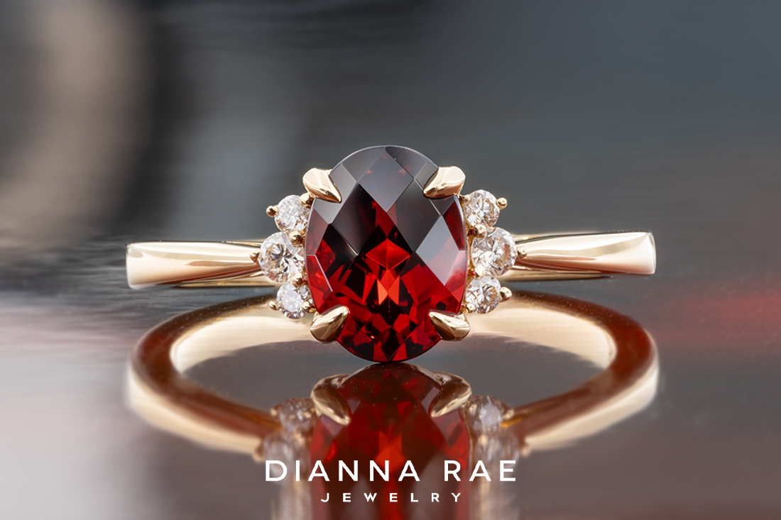 14K Yellow Gold Oval Garnet Ring with Diamond Accents