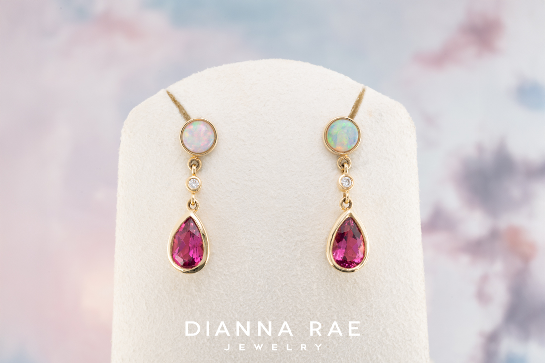 Pink Tourmaline with Opal Dangle Earrings