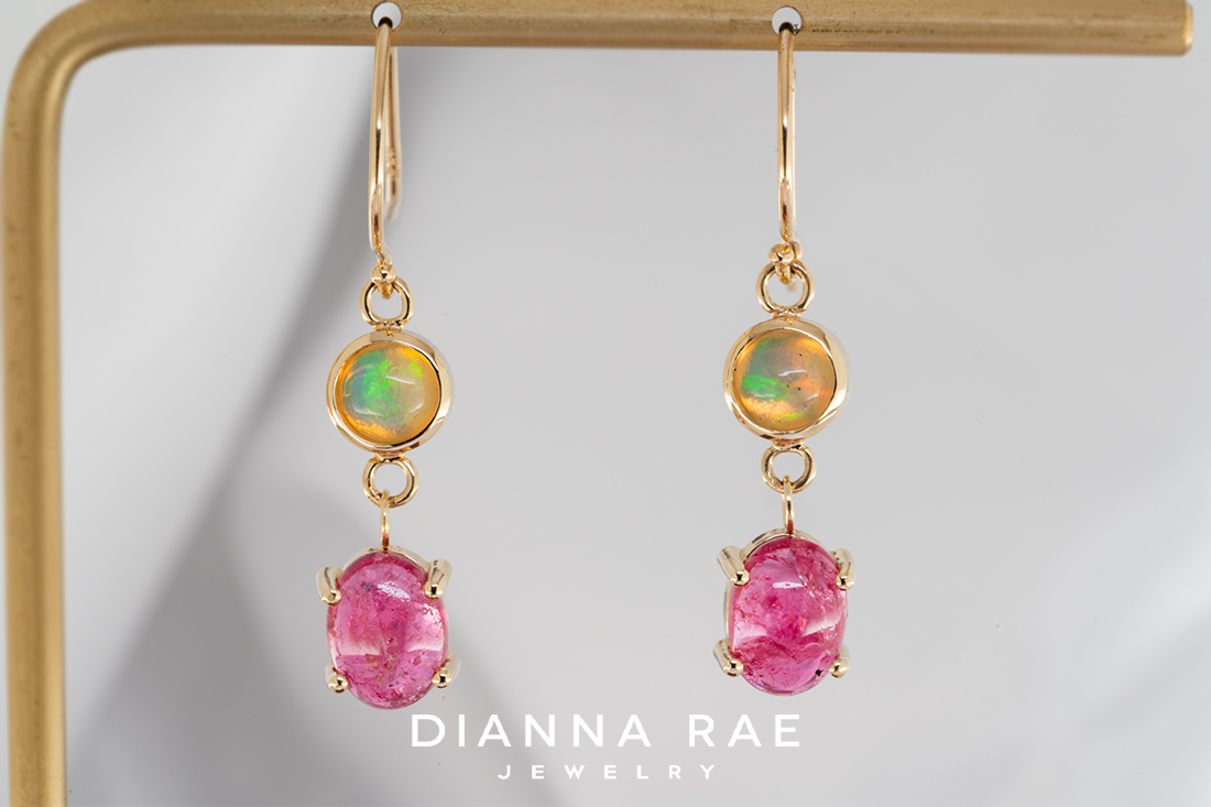 Pink Tourmaline and Opal Dangle Earrings