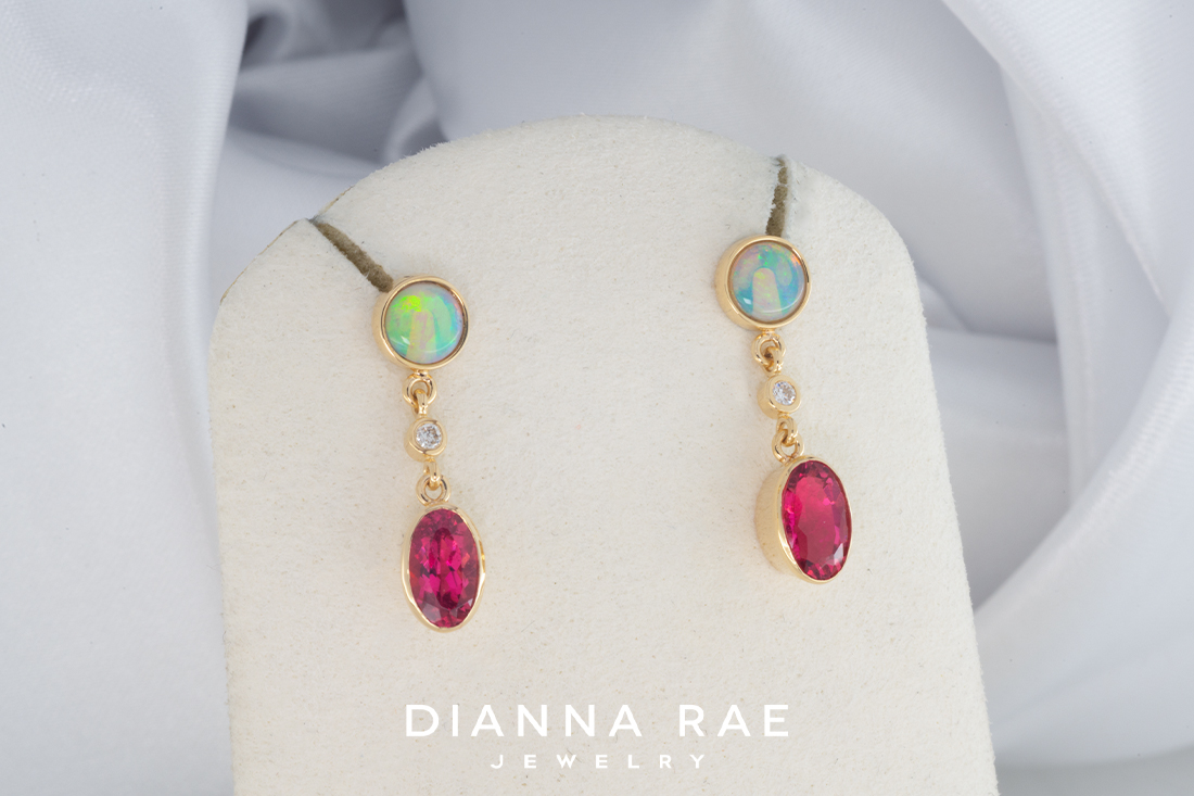 Opal and Pink Tourmaline Dangle Earrings