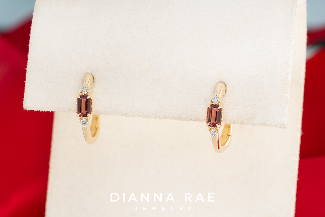 14K Yellow Gold Garnet Hoops with Diamond Accents