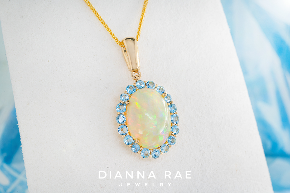 Ethiopian Opal Pendant with Aquamarine Halo