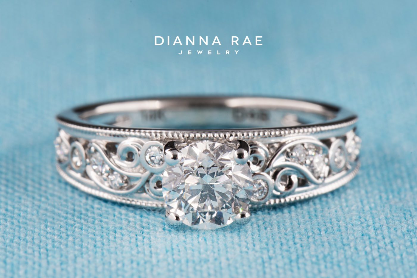 Poppy Vintage Inspired Round Engagement Ring with Filigree Milgrain and Diamond Accents