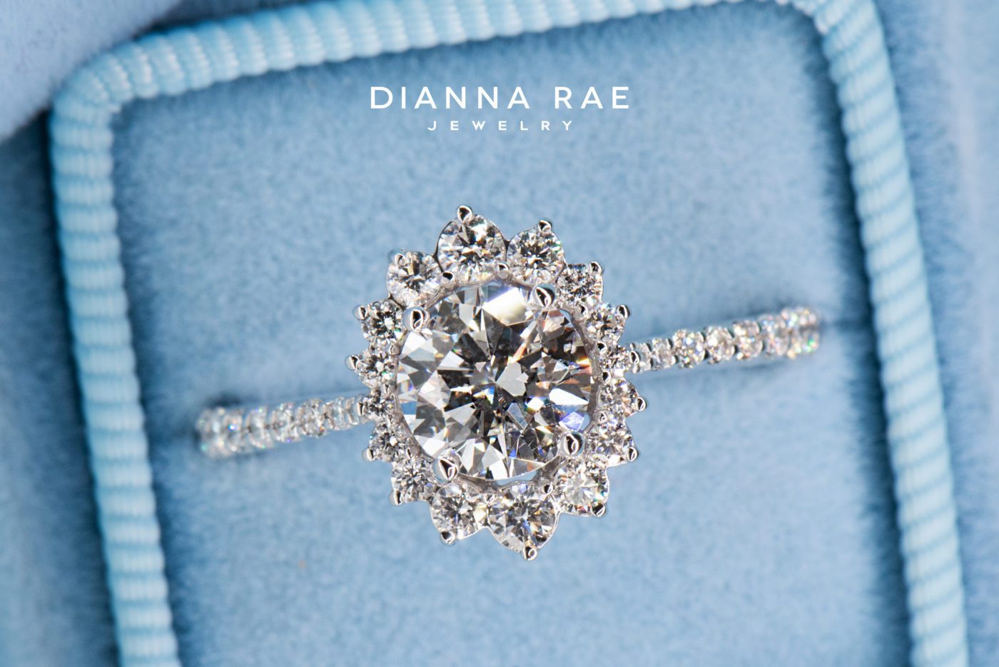 Evangeline - White Gold Round Cluster Halo Engagement Ring with Diamond Band