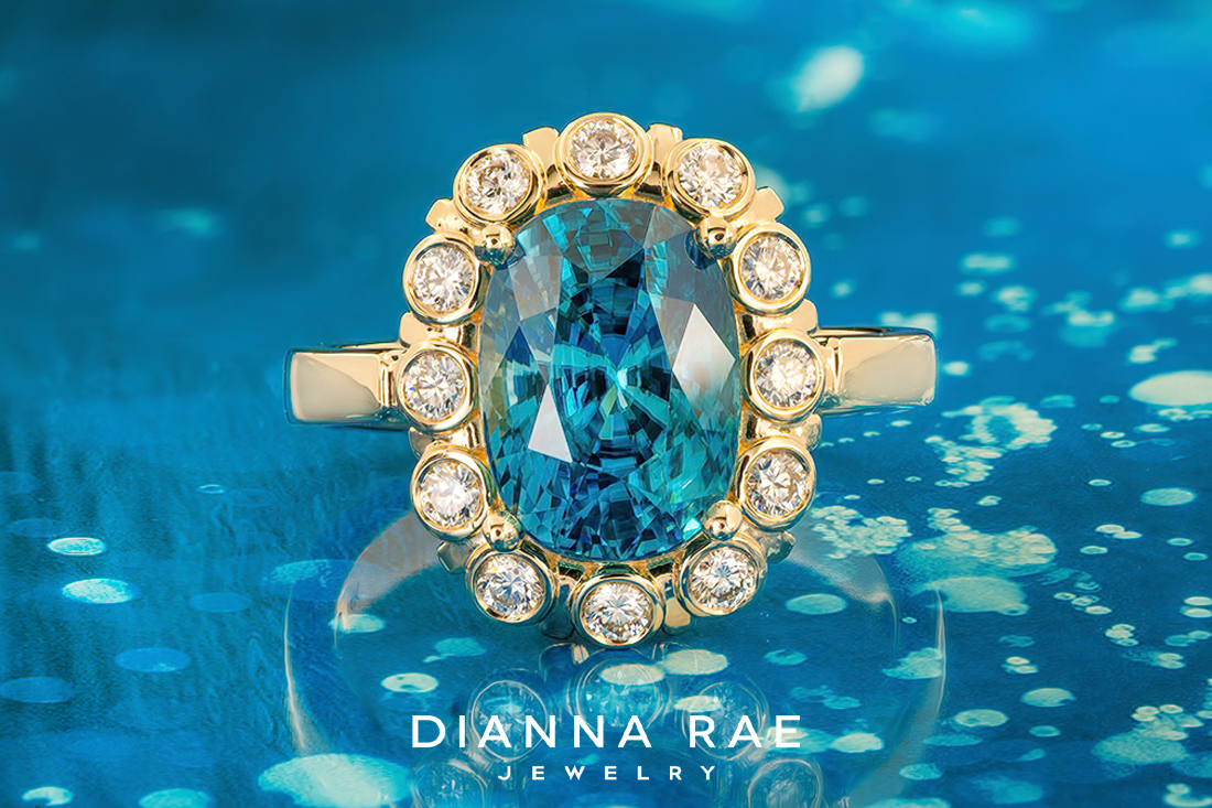 Blue Zircon Ring with Diamond Accented Halo